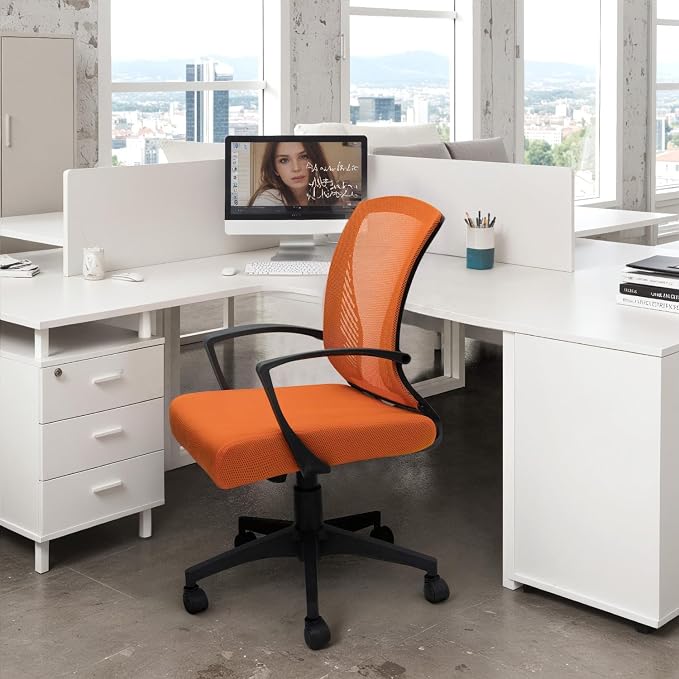 Furmax Office Chair Ergonomic Computer Desk Mesh Chair Mid Back Swivel Lumbar Support with Armrest (2, Orange)