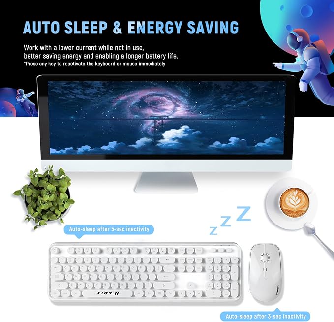 Wireless Keyboard and Mouse | Cute Colorful Keyboard and Mouse with 2.4GHz Cordless Retro Typewriter Keyboard | Auto-Sleep | USB Receiver for Windows PC/Laptop - White