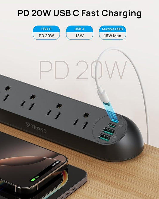 TROND Desk Clamp Power Strip USB C PD 20W - Flat Plug 10ft Extension Cord, Surge Protector with 4 AC Outlets 4 USB Ports, 1700J, ETL Listed, Fits 1.97 inch Tabletop Edge, for Home Office, Black