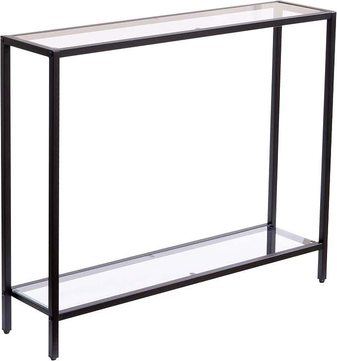 MAJARO Small Modern Console Table for Entryway, Tempered Glass with Metal Frame Sofa Table for Living Room, Hallway, Office (Double-Layer, Black)