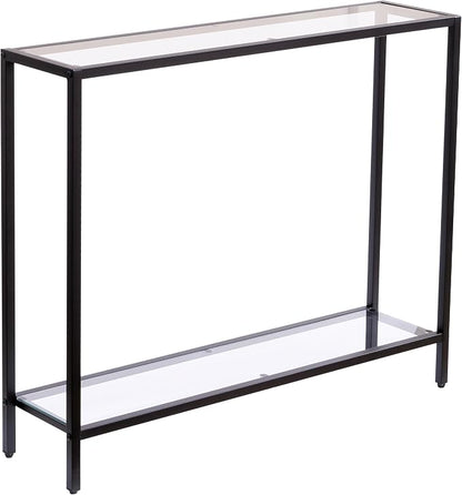 MAJARO Small Modern Console Table for Entryway, Tempered Glass with Metal Frame Sofa Table for Living Room, Hallway, Office (Double-Layer, Black)