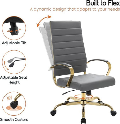 LeisureMod Modern High-Back Leather Office Chair - Swivel & Adjustable Executive Desk Chair with Gold Frame, Ergonomic Design for Home & Office (Grey, Set of 8)