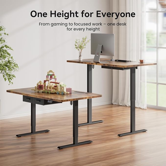 HLDIRECT 55" Electric Standing Desk with Outlets & 2 Drawers, Rustic Brown | 31.5" extra-wide desktop, 176lb, 28.35"- 46.06" height range, 3 memory presets, home office ergonomic workstation