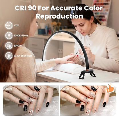 Yokilly Arc Half Moon Light: 20" Half Moon Light with Foldable Bracket for Desk Salon Table Use - No Flicker & Shadow-Free Desk Lamp with Stepless Brightness 3000-6500K for Manicurist Nail Tech