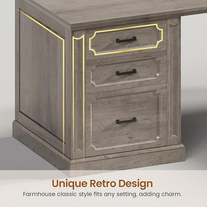 SEDETA Farmhouse 78.8" L Shaped Desk with 6 Drawers, Home Office Desk with Power Outlet, File Cabinet Storage, Wood Corner Computer Desk for Work and Study, Gray