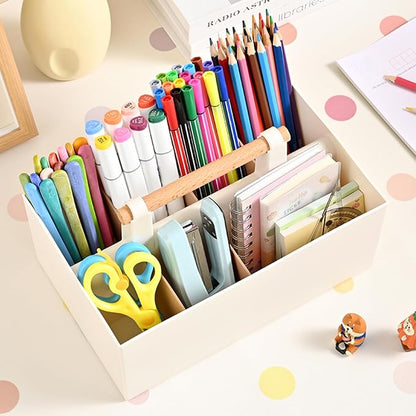 Buqoo Desk Organizer with 8 Compartments, Plastic Makeup Organizer with Wooden Handle, Pen Holder for Desktop Storage, Desk Organization for School, Home, Office Supplies (Coffee)