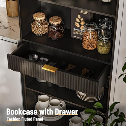 INNOD Multifunctional 7-Shelf Storage Bookcase, 72" Tall Wood Bookshelf with Drawer & Anti-Tip Kit, Display Organizer for Home Office, Living Room, Bedroom Furniture