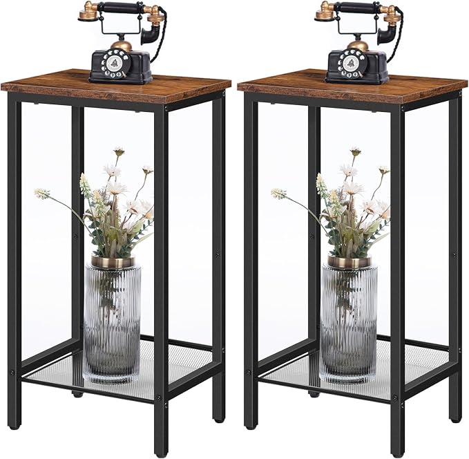 HOOBRO Tall Side Tables, Set of 2, Industrial End Telephone Tables with Adjustable Mesh Shelves, Small Tall Nightstands for Living Room, Bedroom, Entryway, Office, Rustic Brown and Black BF03DHP201