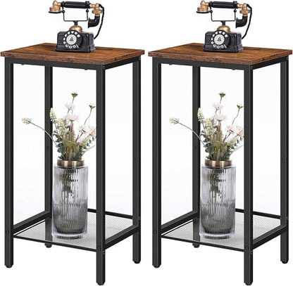 HOOBRO Tall Side Tables, Set of 2, Industrial End Telephone Tables with Adjustable Mesh Shelves, Small Tall Nightstands for Living Room, Bedroom, Entryway, Office, Rustic Brown and Black BF03DHP201