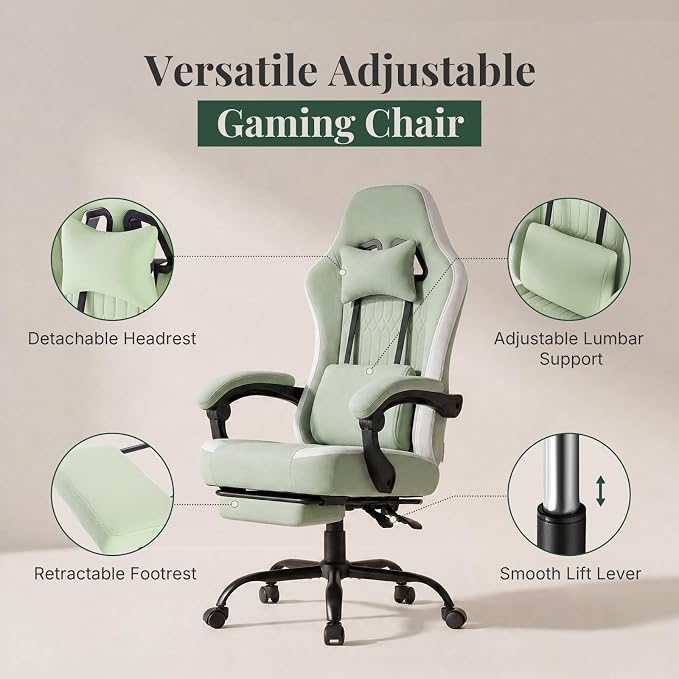 Computer Gaming Chair - High Back Ergonomic Desk Chair with Footrest and Lumbar Support, Height Adjustable Task Chair with Linkage Armrests and Headrest, 360° Swivel Wheels, Green