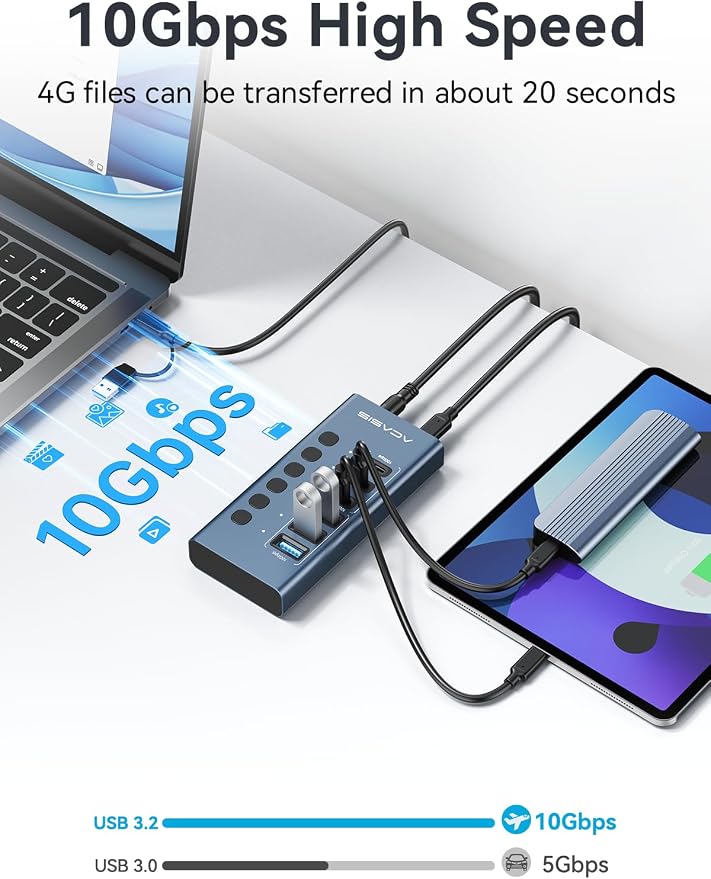 Powered USB 3.2 Hub, ACASIS 6 Ports USB 3.2 Hub(3 USB-A 3.2 Ports + 3 USB-C 3.2 Ports), Aluminum USB Hub Powered with 48W Power Adapter, USB Hub for PC/Laptop, Computer, Flash Drive, Printer, Camera