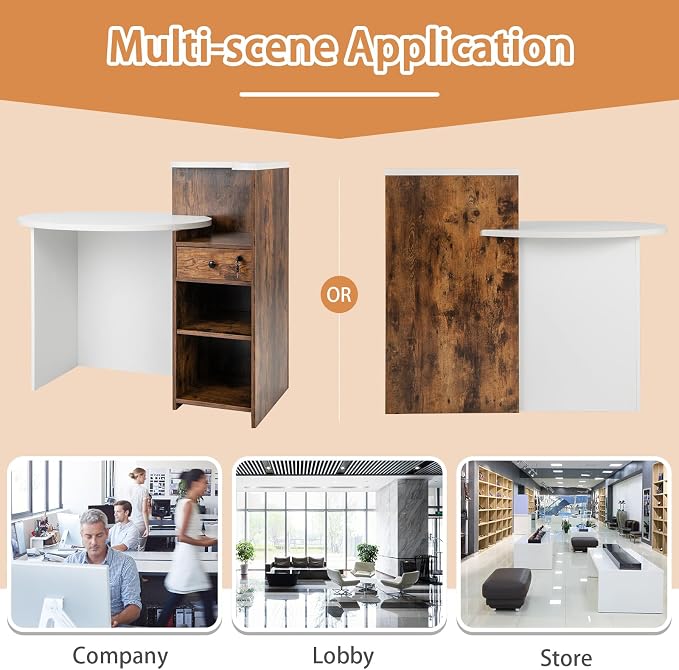 Tangkula Reception Desk, Front Counter Desk with Lockable Drawer & Adjustable Shelf, Oval Desktop, Retail Counter for Checkout, Computer Workstation for Salon Lobby Home Office