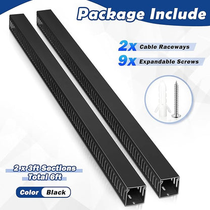 ZhiYo 2x2in Cable Raceway, 6ft Server Rack Cable Management Under Desk Cord Organizer, Electrical Safe PVC Cable Hider Open Slot Wire Raceway for Network/PC/TVs, Wire Duct Black