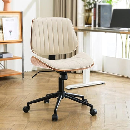 Home Office Desk Chair with Wheels, Modern PU Leather Swivel Computer Chair, Armless Upholstered Cirss Cross Vanity Chair for Home Office, Reading, Meeting, Beige