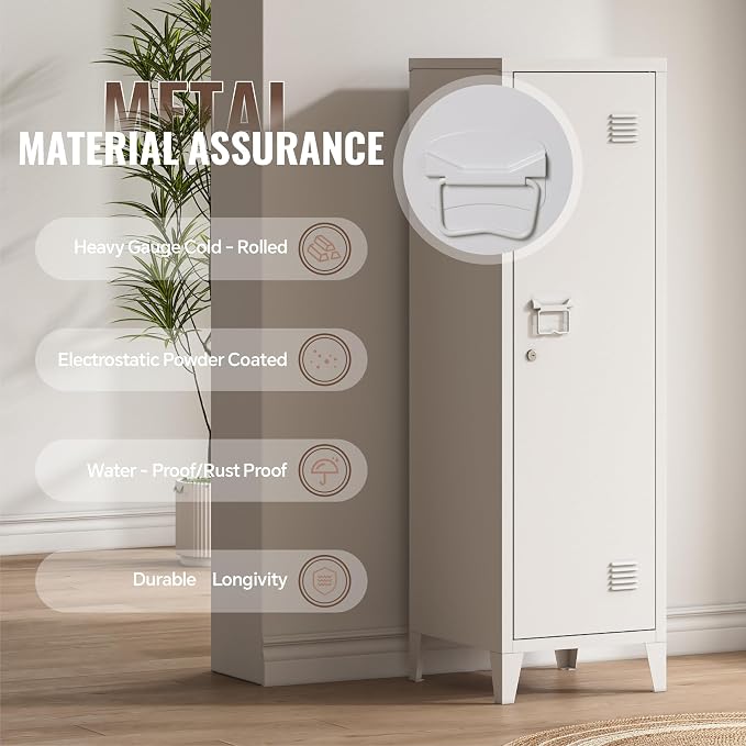 Locker Cabinet, 50" White Small Metal Locker Storage Cabinet for Employees with Locking Door and 2 Shelves Kids Locker Tool File Cabinets for Office, Garage