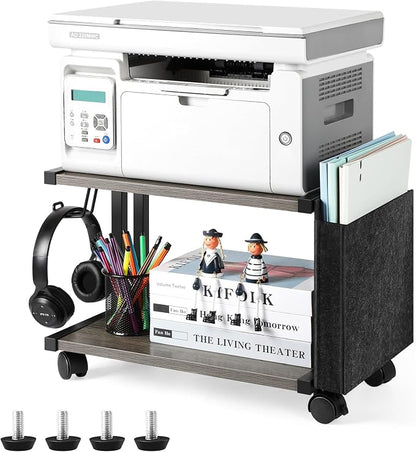 BTY Printer Stand Under Desk Printer Table with Storage Small Printer Cart with Wheels 2 Tier Desktop Printer Stands for Home Office Fax Machine Scanner Files (Grey)