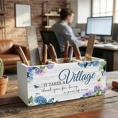 It Takes a Village Thank You Gift Pencil Pen Holder for Desk Organizer, Thank You Appreciation Gifts for Coworkers Teachers Friends Wooden Box Decorations for Home Office Desk Tabletop Decor