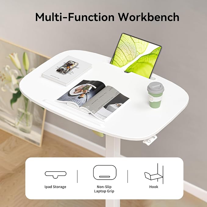 WALKINGDESK Foldable Pneumatic Height Adjustable Mobile Standing Desk with 90° Tiltable Tabletop, 27.2x18.9 Inch Portable Laptop Desk with Wheels, Holds Up to 66.1lbs for Home Office, Study, White