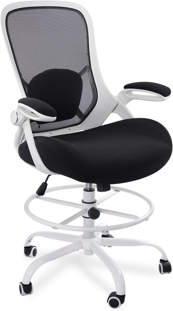 HYLONE 400lbs Heavy Duty Drafting Chair 5" Thickened Seat Office Chair with Flip-Up Armrests Tall Ergonomic Computer Chair with Lumbar Support and Adjustable Footrest Ring Standing Desk Chair (Black)