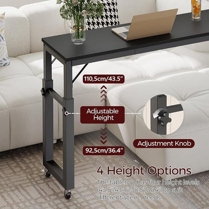MAHANCRIS Overbed Table with Wheels, Mobile Bed Desk for Queen Size, 36"-43.5" Adjustable Height Rolling Table, Recliner Desk, Mobile Cross Bed for Bedroom, Living Room, Office, Black MTBK18001