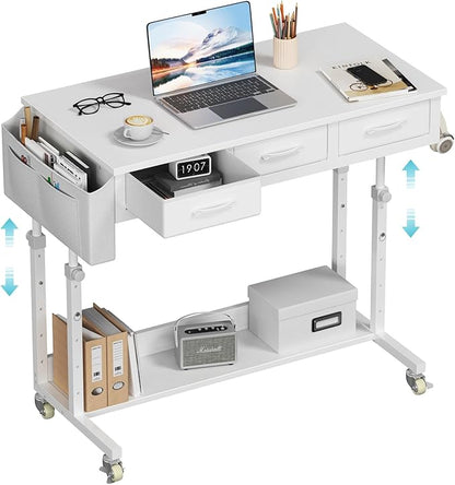 White Portable Rolling Computer Desk - 40 Inch Adjustable Mobile Standing Teacher Desks with 3 Fabric Drawers on Wheels, Couch Sofa Side Laptop Stand Up Table with Storage for Home Office, White