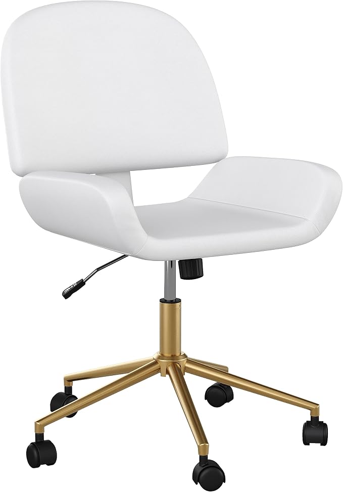 Martha Stewart Tyla Armless Swivel Task Chair for Home Office in White Faux Leather with Polished Brass Frame