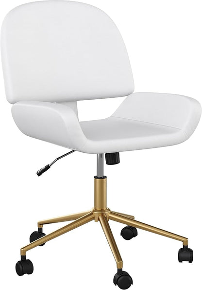 Martha Stewart Tyla Armless Swivel Task Chair for Home Office in White Faux Leather with Polished Brass Frame