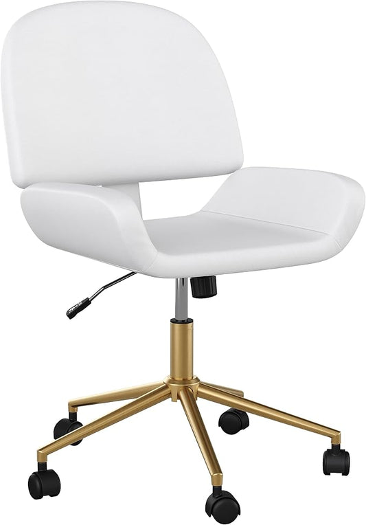 Martha Stewart Tyla Armless Swivel Task Chair for Home Office in White Faux Leather with Polished Brass Frame