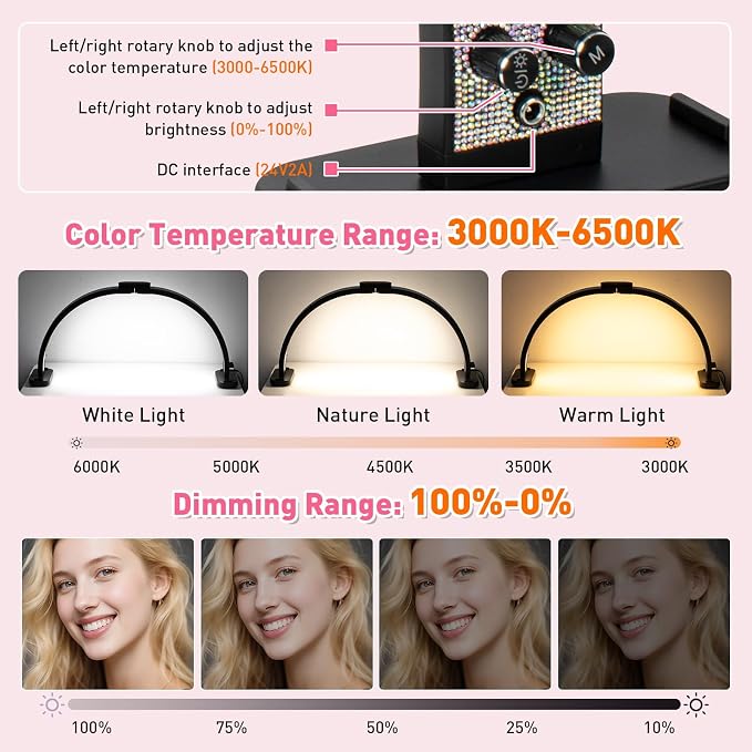 HITTI 31in Large Half Moon Light for Nail Desk, Foldable, Phone Stand, LED Adjustable Brightness and Color, 48W, Arch Nail Tech Table Lamp for Manicure, Craft, Art, Jewelry Making (Crystal Diamond)