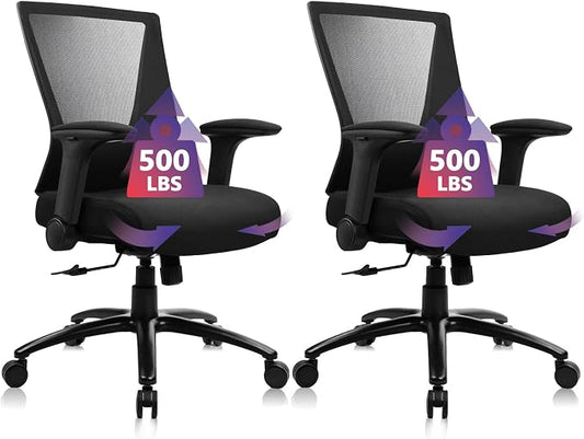 CLATINA Big and Tall Office Chair Heavy Duty Ergonomic Desk Chair 500lbs with Flip-up Arms & Wide Thick Seat Cushion Home Executive Swivel Mesh Chair for Study, Conference, Black, 2 PK