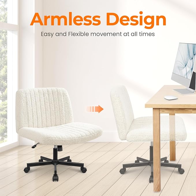 NEO CHAIR Criss Cross Chair with Wheels Home Office Cross Legged Armless Chairs Adjustable Computer Desk Wide Seat for Bedroom Vanity Comfy Swivel (Teddy White)