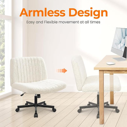 NEO CHAIR Criss Cross Chair with Wheels Home Office Cross Legged Armless Chairs Adjustable Computer Desk Wide Seat for Bedroom Vanity Comfy Swivel (Teddy White)