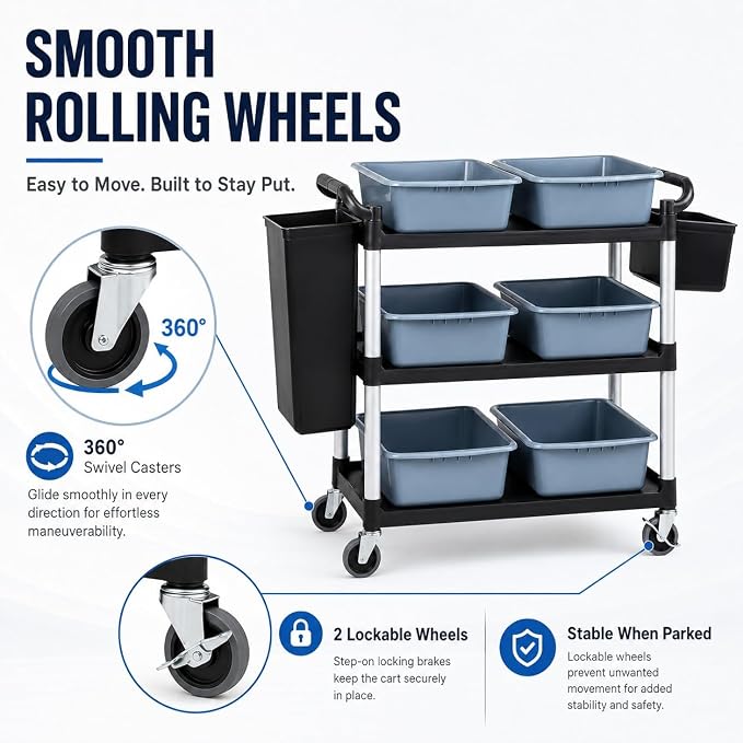 Storage Cart 3 Tier Heavy Duty Commercial Grade Utility Cart,Dish Cart for Restaurant,Multi-Function Mobile Shelving Unit Organizer for Hotel,Restaurant,Kitchen,Laundry Room with 6 Basin 2 Barrels