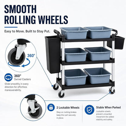 Storage Cart 3 Tier Heavy Duty Commercial Grade Utility Cart,Dish Cart for Restaurant,Multi-Function Mobile Shelving Unit Organizer for Hotel,Restaurant,Kitchen,Laundry Room with 6 Basin 2 Barrels