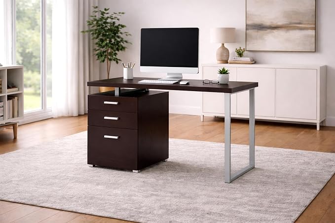CARTESIAN Vertex Reversible 47 Inch Office Computer Desk with 3 Drawers, Cappuccino Finish, Silver Metal Frame