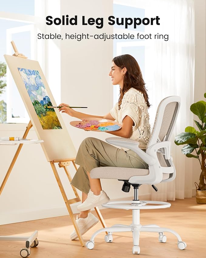 ErGear Drafting Chair,Tall Office Chair with Flip-Up Armrests, High Desk Chair Adjustable Height and Adjustable Footrest Ring, Ergonomic Standing Desk Chair with Lumbar Support, Khaki,10 Pack