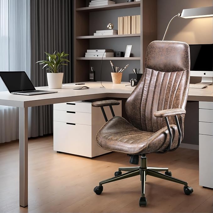 Home Office Chair,Ergonomic Computer Chair with Lumbar Support Adjustable Height,Mid-Century Modern Office Chair with Rolling Swivel Chair for Home Office Game Study(Suede High Back Chair,Dark Brown)