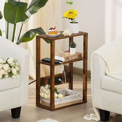 YUFAM 3-Tier Small Narrow Wood Side Table Set of 2 with Charging Station - Skinny Nightstand for Small Spaces, Slim Bedside Table with USB Ports and Outlets - Thin End Table with Storage, Brown