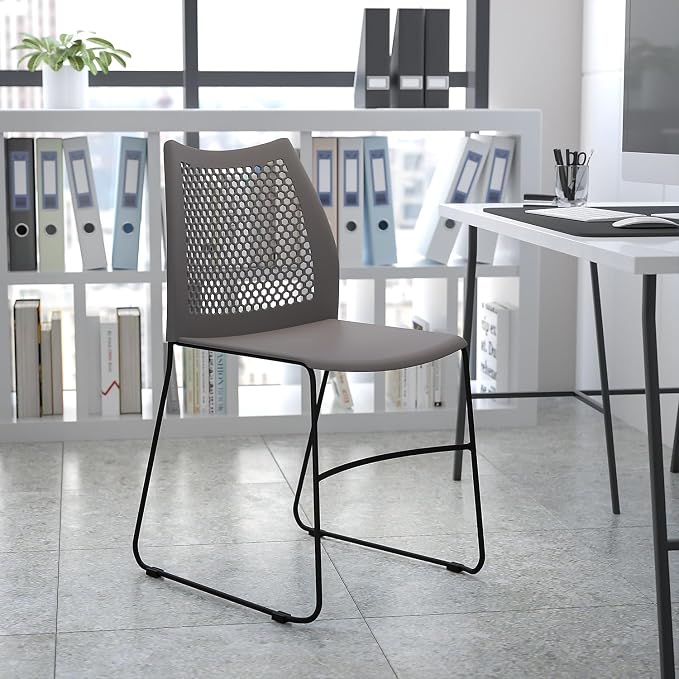 Flash Furniture HERCULES Series 661 lb. Capacity Gray Stack Chair with Air-Vent Back and Black Powder Coated Sled Base