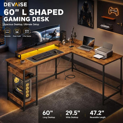 DEVAISE Full-Size 60" L Shaped Gaming Desk with LED Lights and Power Outlets - Reversible Corner Computer Table with Monitor Stand and Storage Shelves for Work and Gaming, Rustic Brown