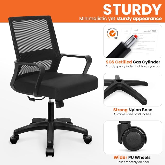 NEO Chair Office Desk Chair Gaming Computer Chair Ergonomic Mesh Mid Back with Rolling Wheels Lumbar Support Comfy Swivel Adjustable for Home (All Black)