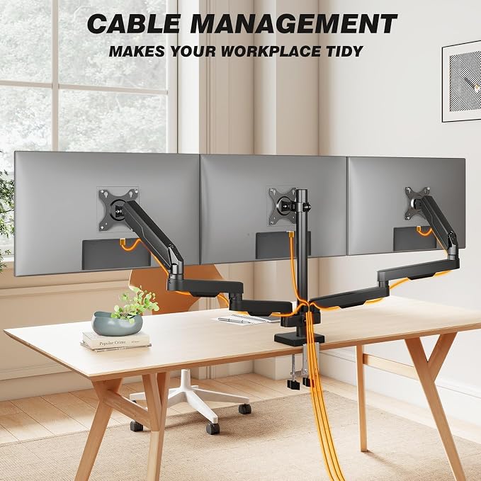 5Rcom Triple Monitor Mount Stand for 17-34 inch Computer Screens, Full Motion Monitor Dual Monitor Arms, Dual Monitor Arms Hold up to 22lbs, Gas Spring Monitor Stand, 75/100mm VESA Mount