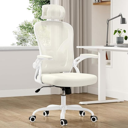 Farini Ergonomic Office Chair, Home Office Desk Chair with Headrest, High Back Swivel Computer Chair with Armrests and Adjustable Lumbar Support for Home Office Study Room, White & Beige
