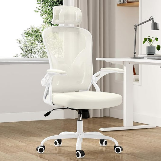 Farini Ergonomic Office Chair, Home Office Desk Chair with Headrest, High Back Swivel Computer Chair with Armrests and Adjustable Lumbar Support for Home Office Study Room, White & Beige