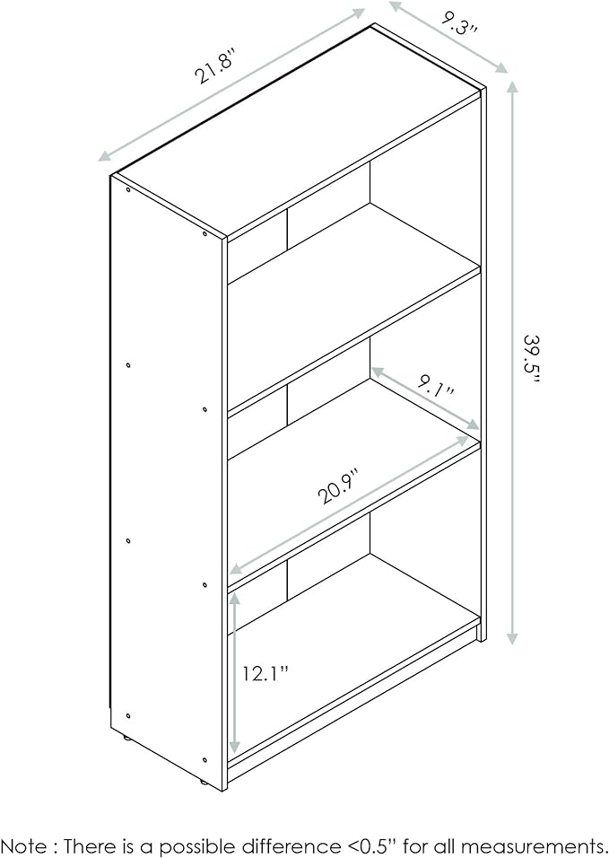 Furinno BASIC Book Shelf, 3-Tier Modern Bookshelf, Bookcase with Open Shelves, 9.3 x 21.8 x 39.5, for Living Room, Bedroom, Home Office, Light Blue