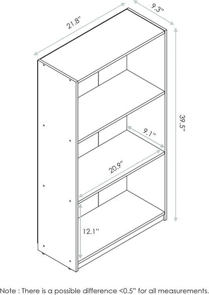 Furinno BASIC Book Shelf, 3-Tier Modern Bookshelf, Bookcase with Open Shelves, 9.3 x 21.8 x 39.5, for Living Room, Bedroom, Home Office, Columbia Walnut/Black