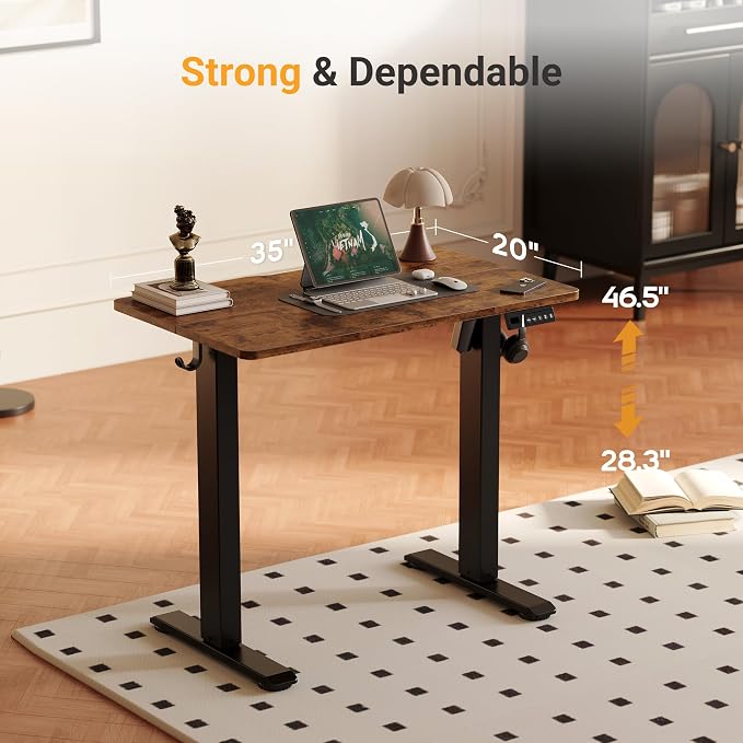 YDN 35" Small Electric Standing Desk Adjustable Height, Sit Stand up Desk with Memory Presets & Cable Management, Home Office Desk for Office & Computer Workstation, Black Frame/Rustic Brown Top