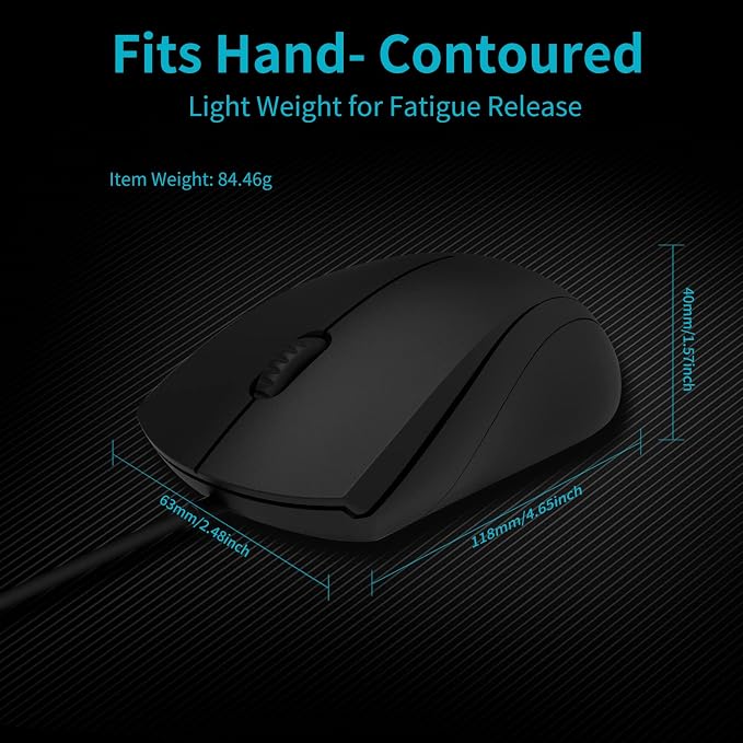 Rapoo Silent Wired Mouse, 1000 DPI 5ft Cord Quiet Button Optical Computer Mouse, Left Right Hand Use, for Laptop Chromebook Mac Notebook, Matte Black