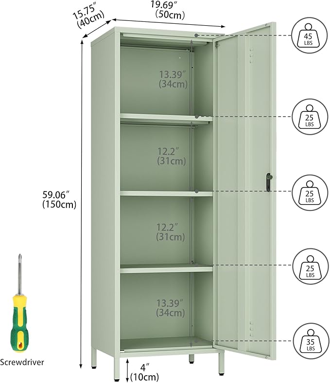 Steehoom Metal Storage Cabinet for Employees, Tall Metal Locker Lockable Locker Cabinet Pantry Cabinet with 3 Adjustable Shelves for School, Office, Garage (Green, H59.06'')