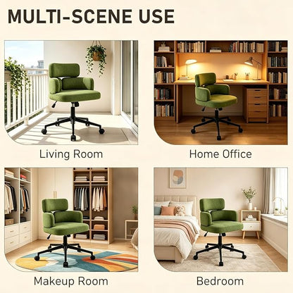 Home Office Chair with Unique Curved Back, Upholstered Wide Seat Desk Chair with Wheels,Swivel Tilt & Height Adjustable, Plush Velvet Fabric Matel Base for Office Study, Green